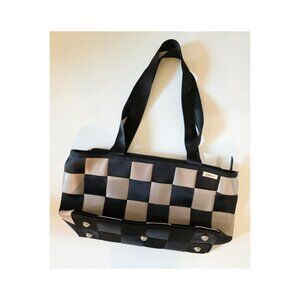 Comely Y2K Patchwork Seat Belt Bag – Black & Light Grey Structured Shoulder Bag